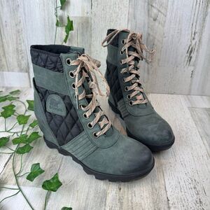 Sorel Slate Lexie (NL3375-026) Leather Lug Sole Wedge Rain Booties SZ 8.5